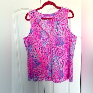 Lilly Pulitzer Dev Knit Top Sea You Soon Sz XL Raz Berry Pink Floral Sleeveless